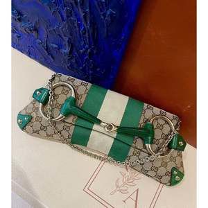 Iconic  Horsebit 1955 Chain Cloth  Monogram Green  and  Studs